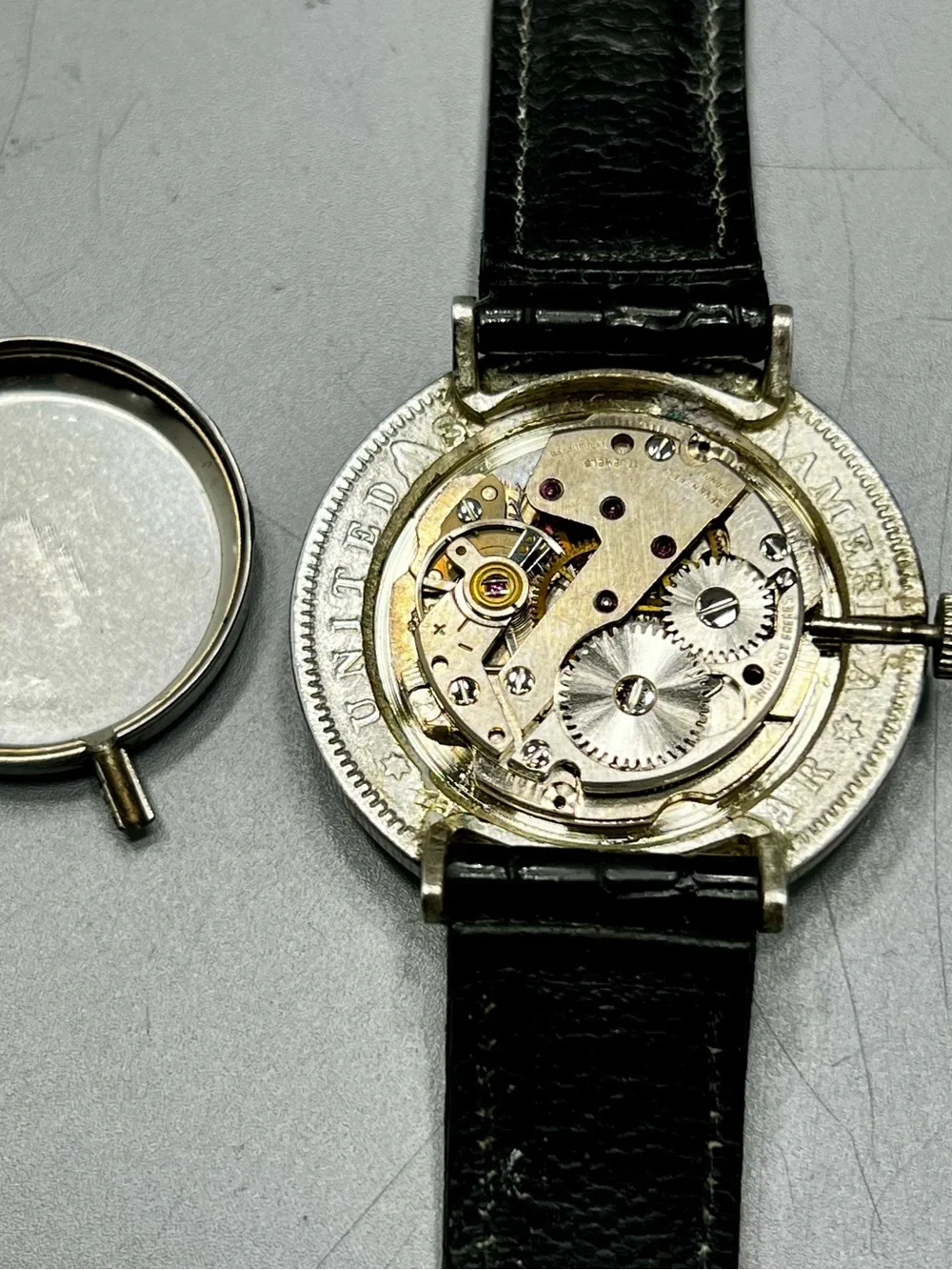Vintage Le Jour Coin Face Men's Watch with Black Leather Strap